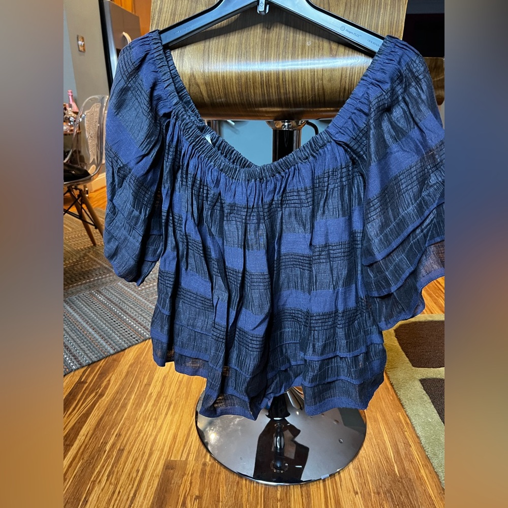 Blue linen cap sleeve off the shoulder top